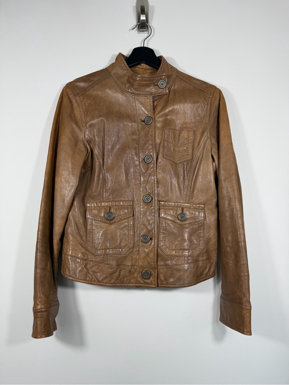 GAP Women’s M 100% Genuine Leather Brown Utility Field Jacket Moto Y2K